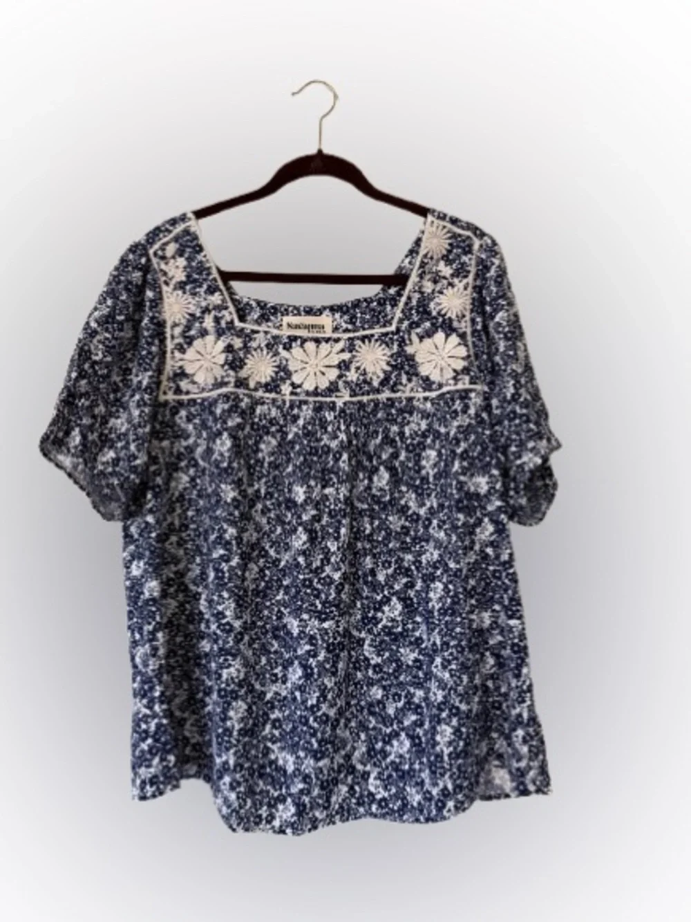 Savanna Jane Blue White Floral Embroidered Boho Peasant Blouse 1X Cottagecore - Picture 1 of 6